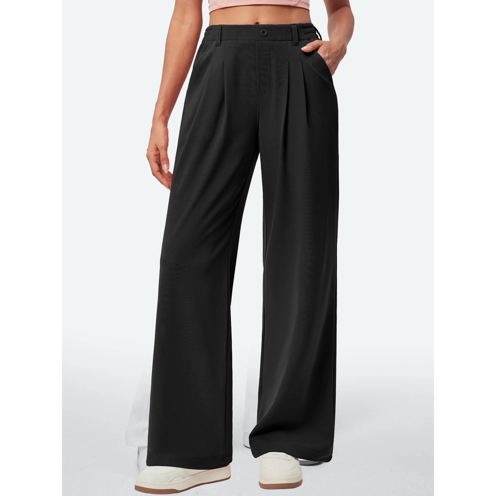 NWT IUGA Size XL Regular High Waisted Waffle Wide Leg Work Pants Black Pleated